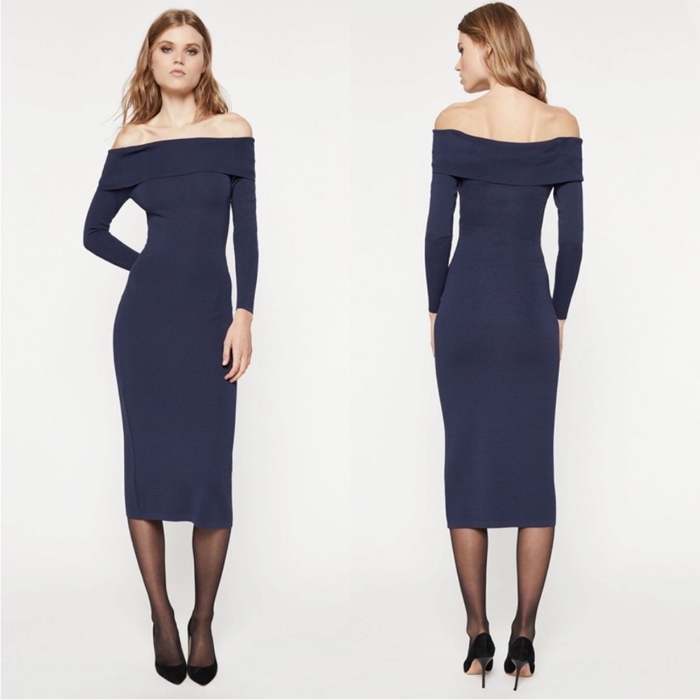 Bardot Off The Shoulder Knitwear Knit Long Sleeve Dress Womens XS Navy Blue NEW